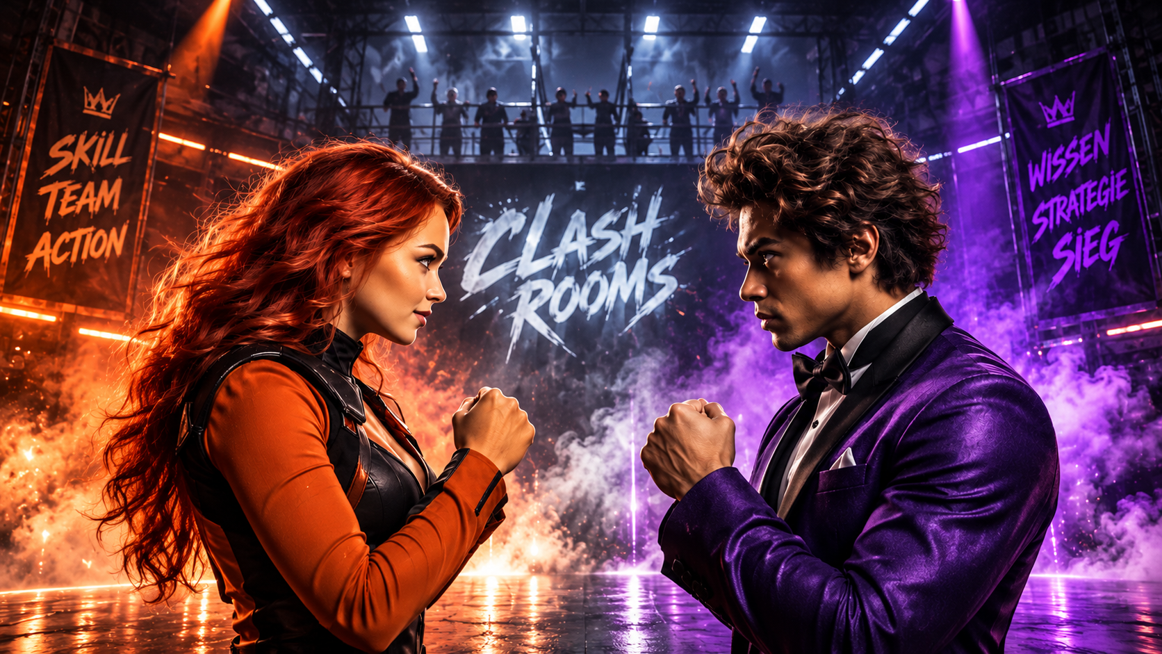 Clash Rooms: Frau und Mann im Duell in einer Arena mit orangefarbenem und violettem Licht