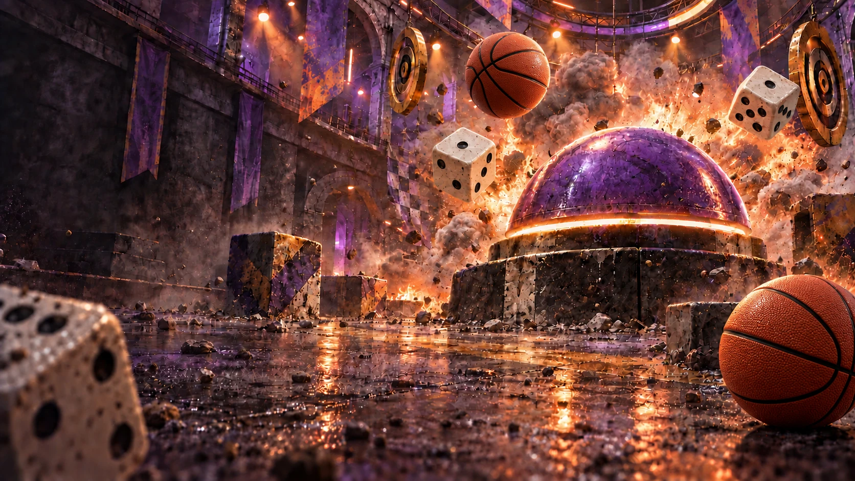 Cineastische Arena mit violettem Buzzer, Würfeln und Basketbällen