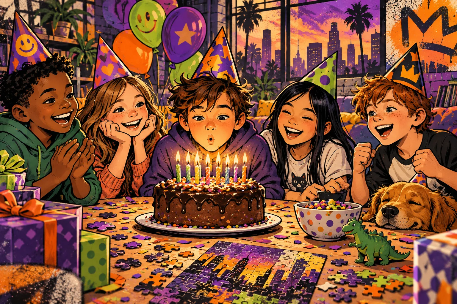 Illustration: Kinder feiern einen Geburtstag