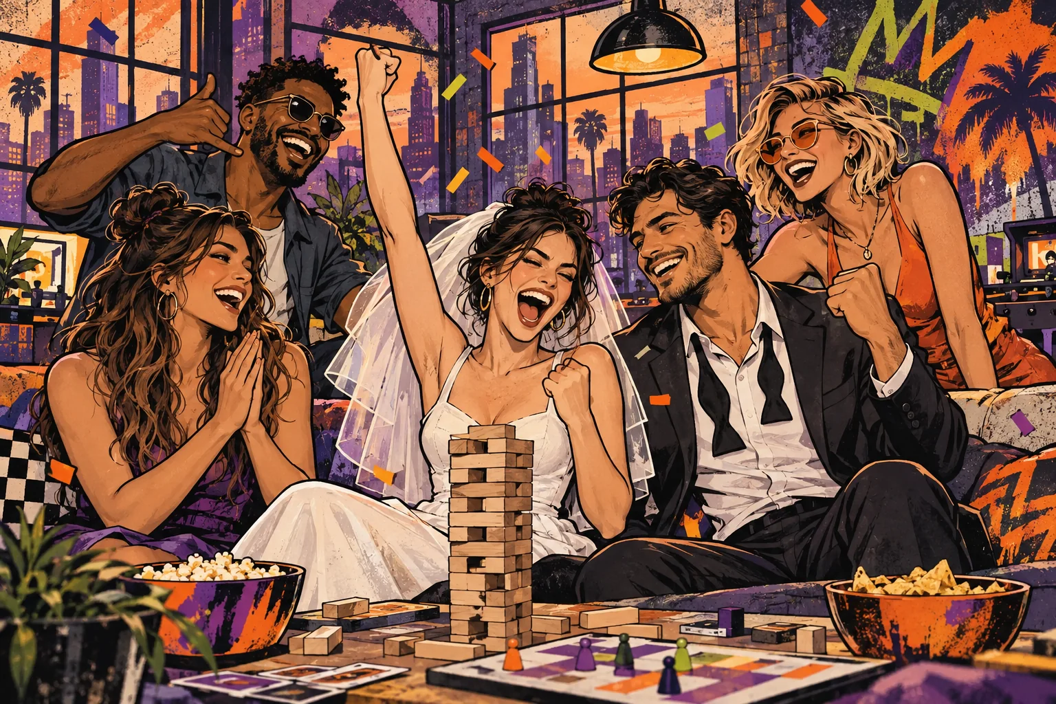 Illustration: Junggesellenabschied mit Braut und Bräutigam
